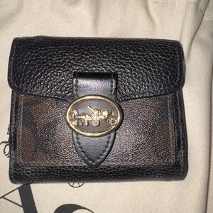 Coach Black and Brown Compact Leather Wallet with Gold Coach Emblem